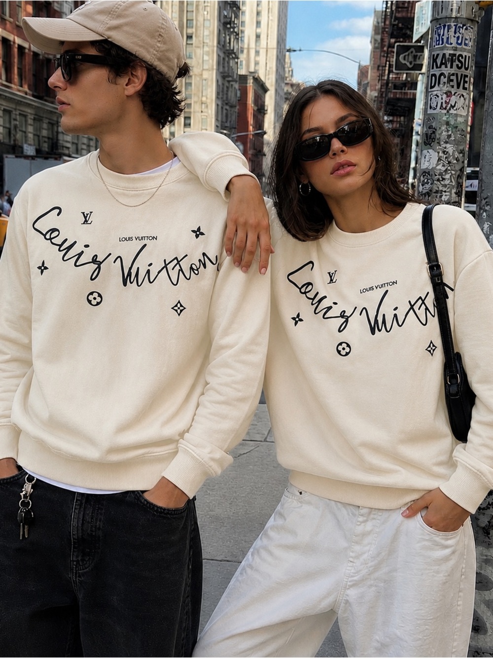 Louis Vuitton Cream Script Logo Crewneck Sweatshirt- unisex